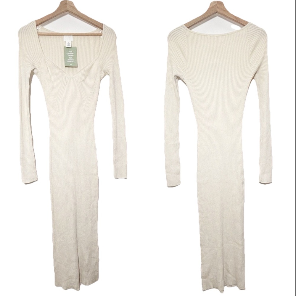 NWT H&M Ribbed Knit Bodycon Dress Long Sleeves Beige Sz S - Picture 1 of 14